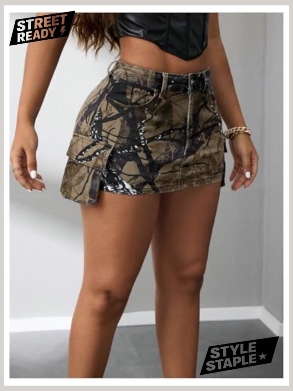 Y2k Camo Print Mini Cargo Skirt Low Rise Bodycon with Flap Pockets - Picture 3 of 6